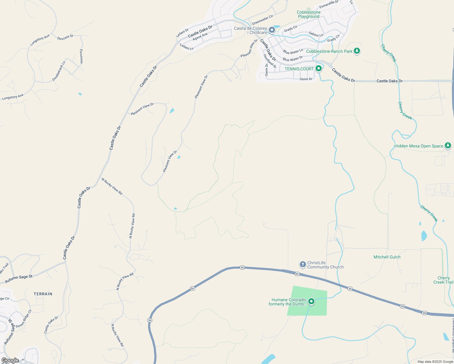 map of restaurants, bars, coffee shops, grocery stores, and more near 6475 San Miguel Court in Castle Rock