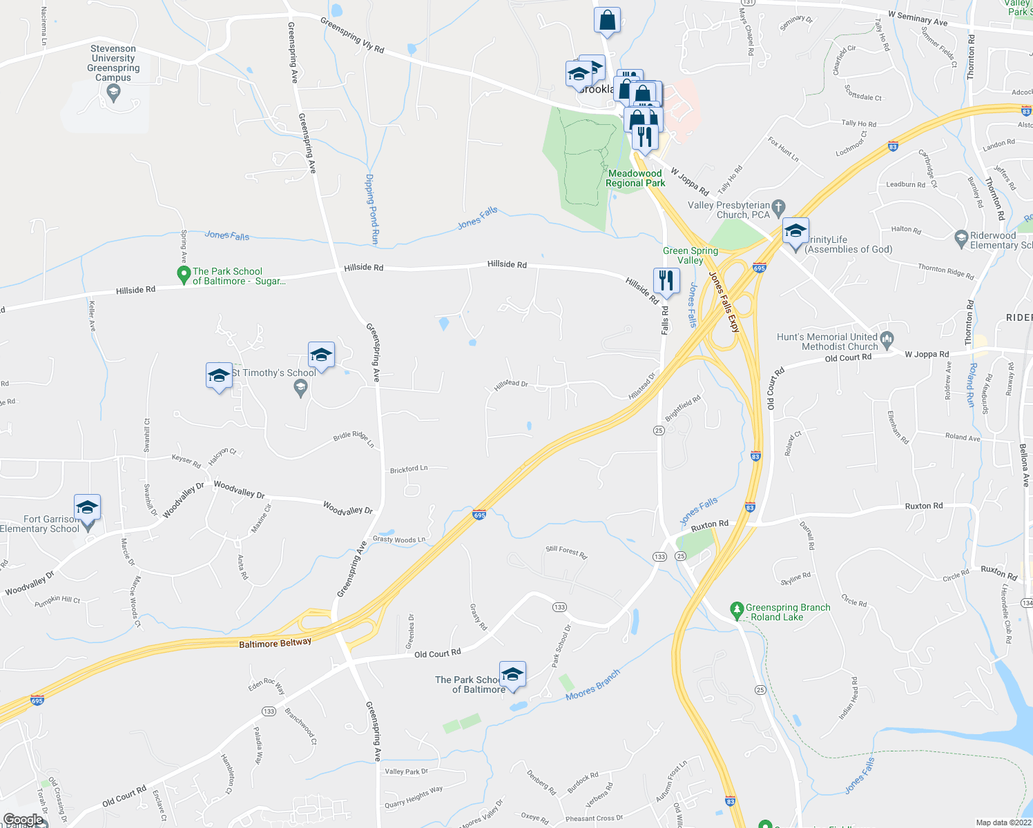 map of restaurants, bars, coffee shops, grocery stores, and more near 811 Hillstead Dr in Lutherville-Timonium