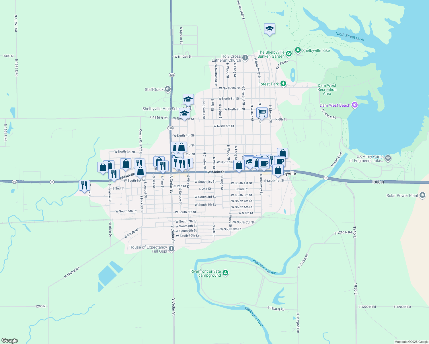 map of restaurants, bars, coffee shops, grocery stores, and more near 698 West Main Street in Shelbyville