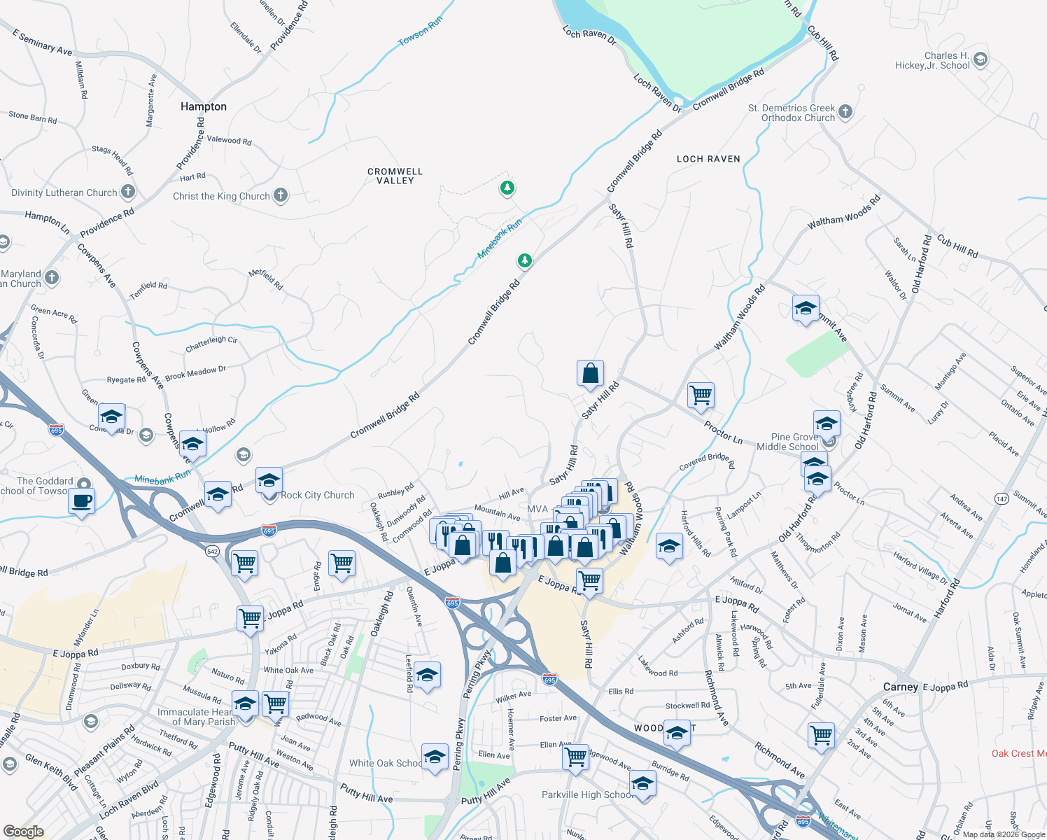 map of restaurants, bars, coffee shops, grocery stores, and more near 4010 Forest Valley Rd in Parkville