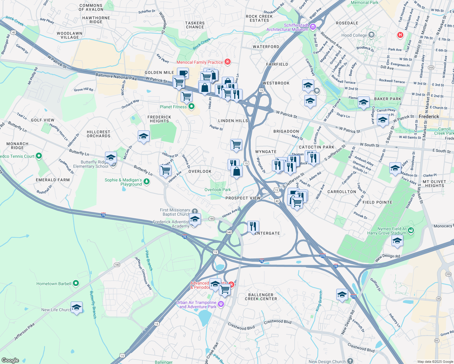 map of restaurants, bars, coffee shops, grocery stores, and more near 505 Sylvan Court in Frederick