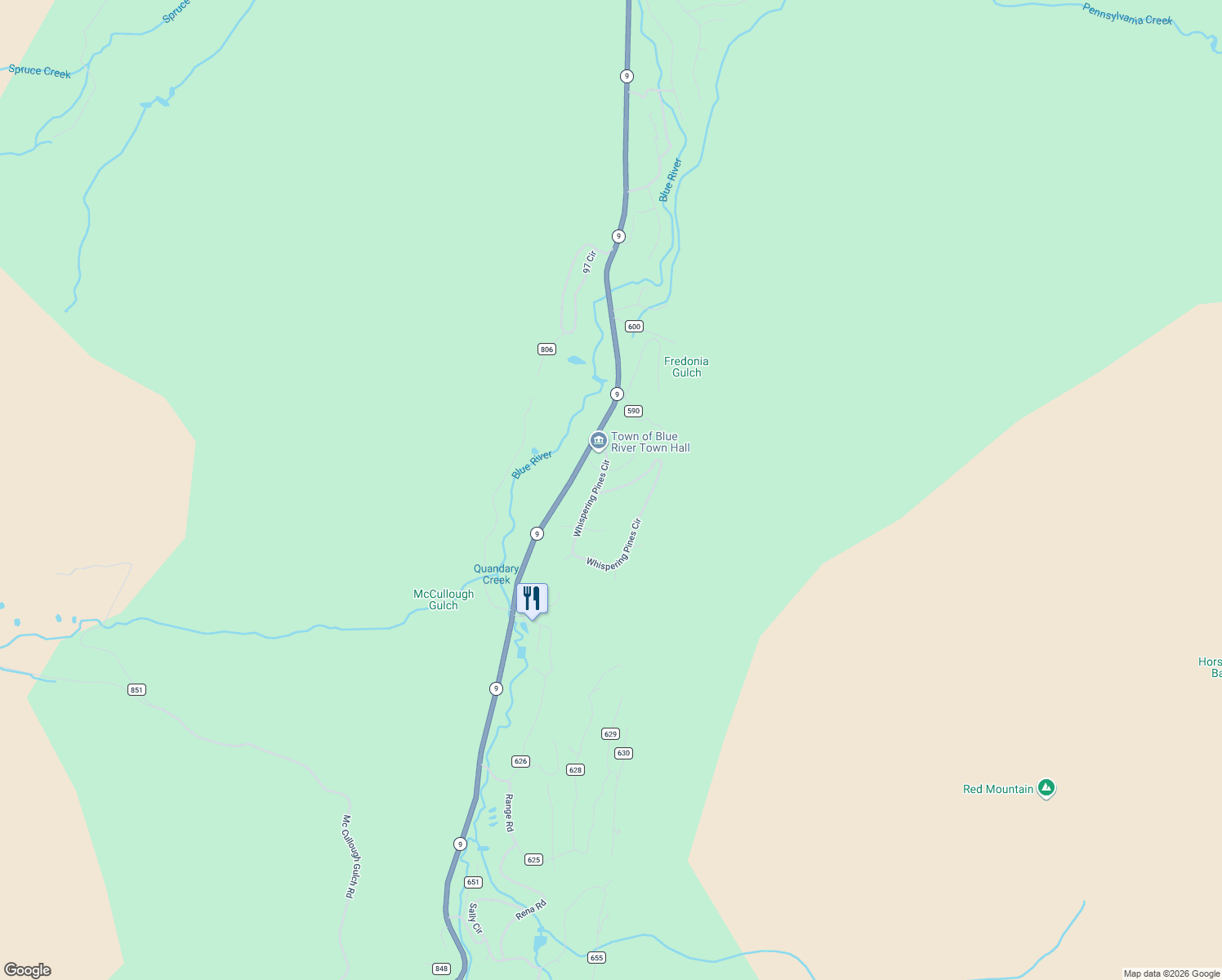 map of restaurants, bars, coffee shops, grocery stores, and more near 370 Whispering Pines Circle in Blue River