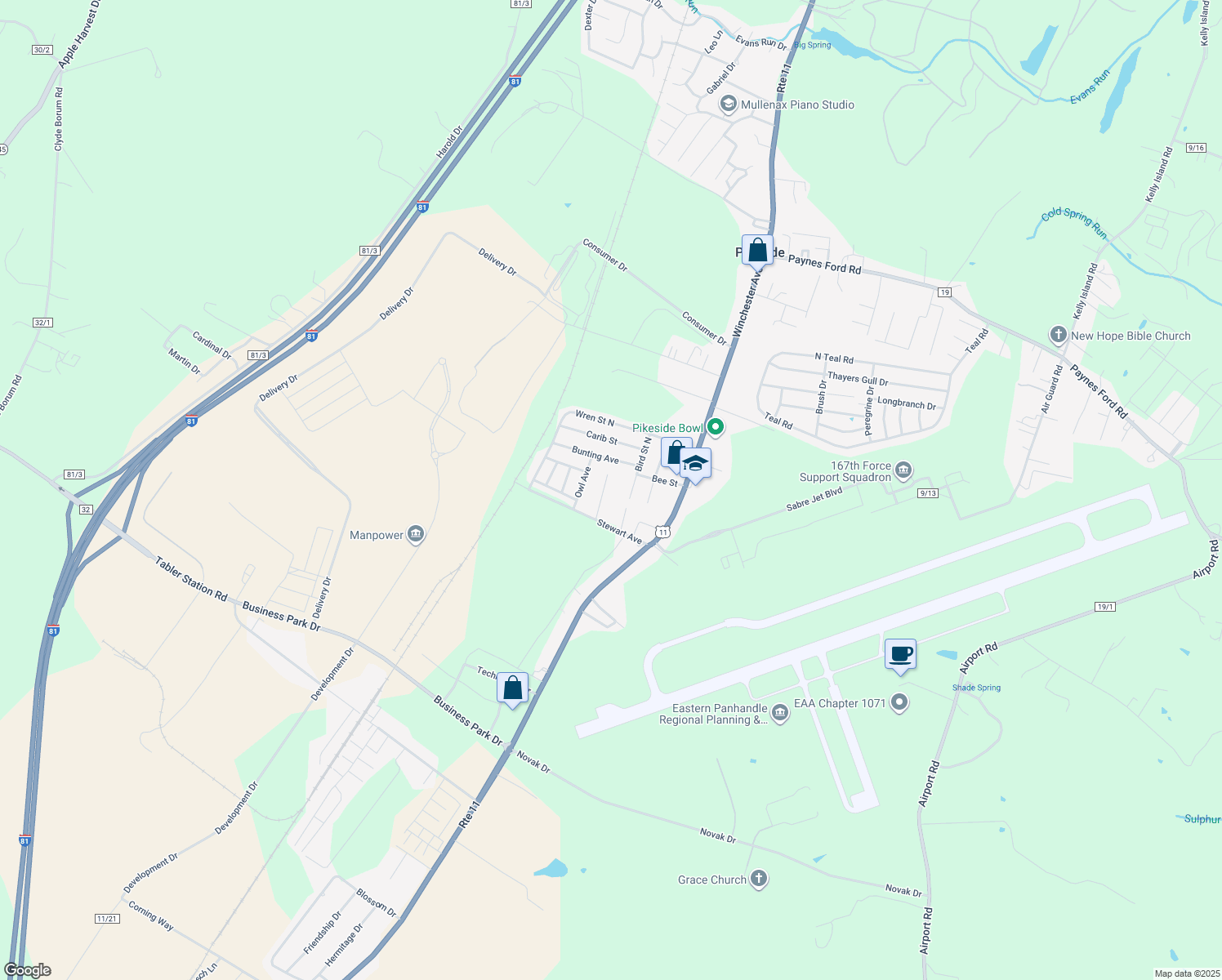 map of restaurants, bars, coffee shops, grocery stores, and more near 92 Comet Ln in Martinsburg