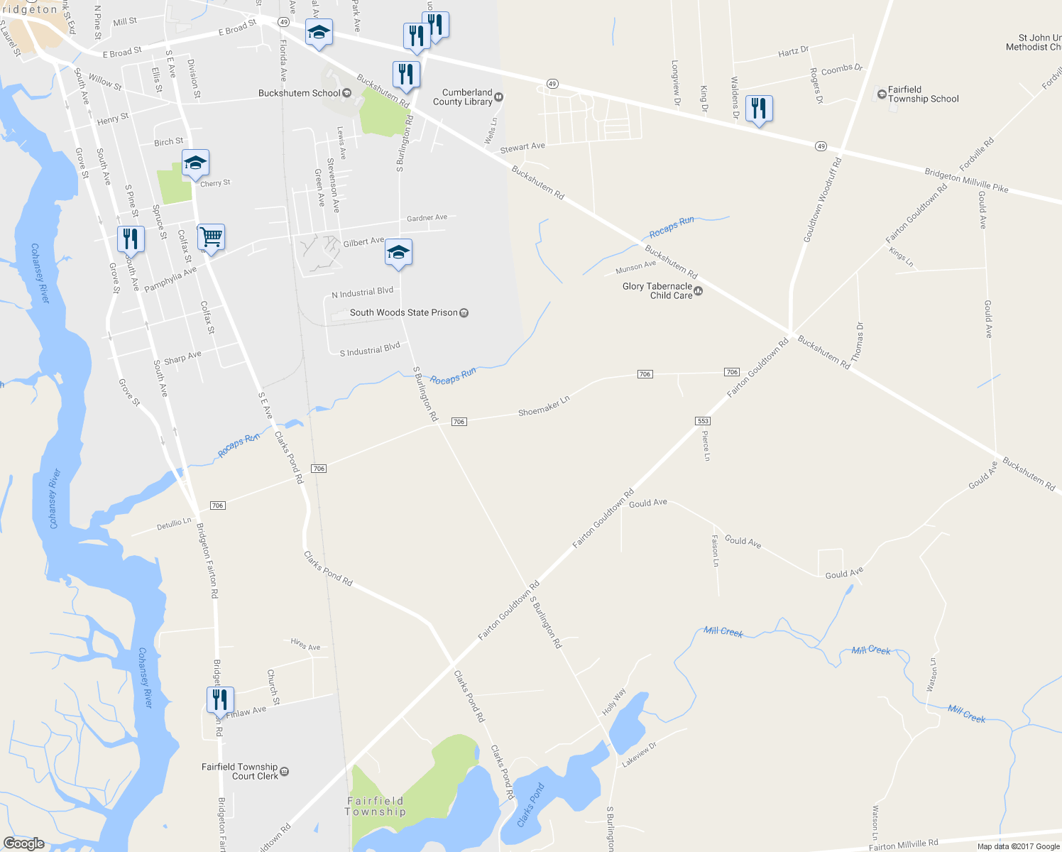 map of restaurants, bars, coffee shops, grocery stores, and more near 195 Shoemaker Lane in Bridgeton