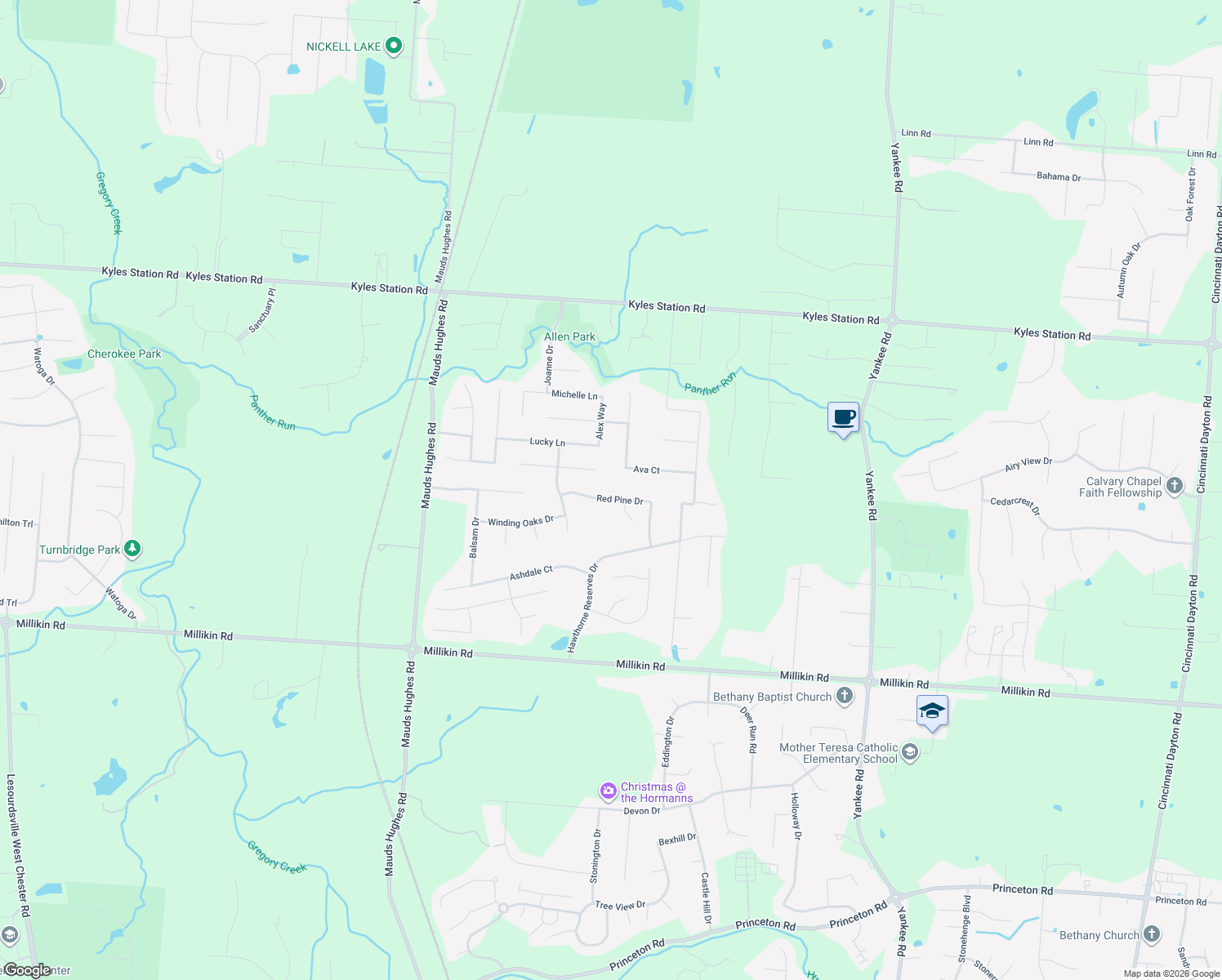 map of restaurants, bars, coffee shops, grocery stores, and more near 6588 Red Pine Drive in Butler County