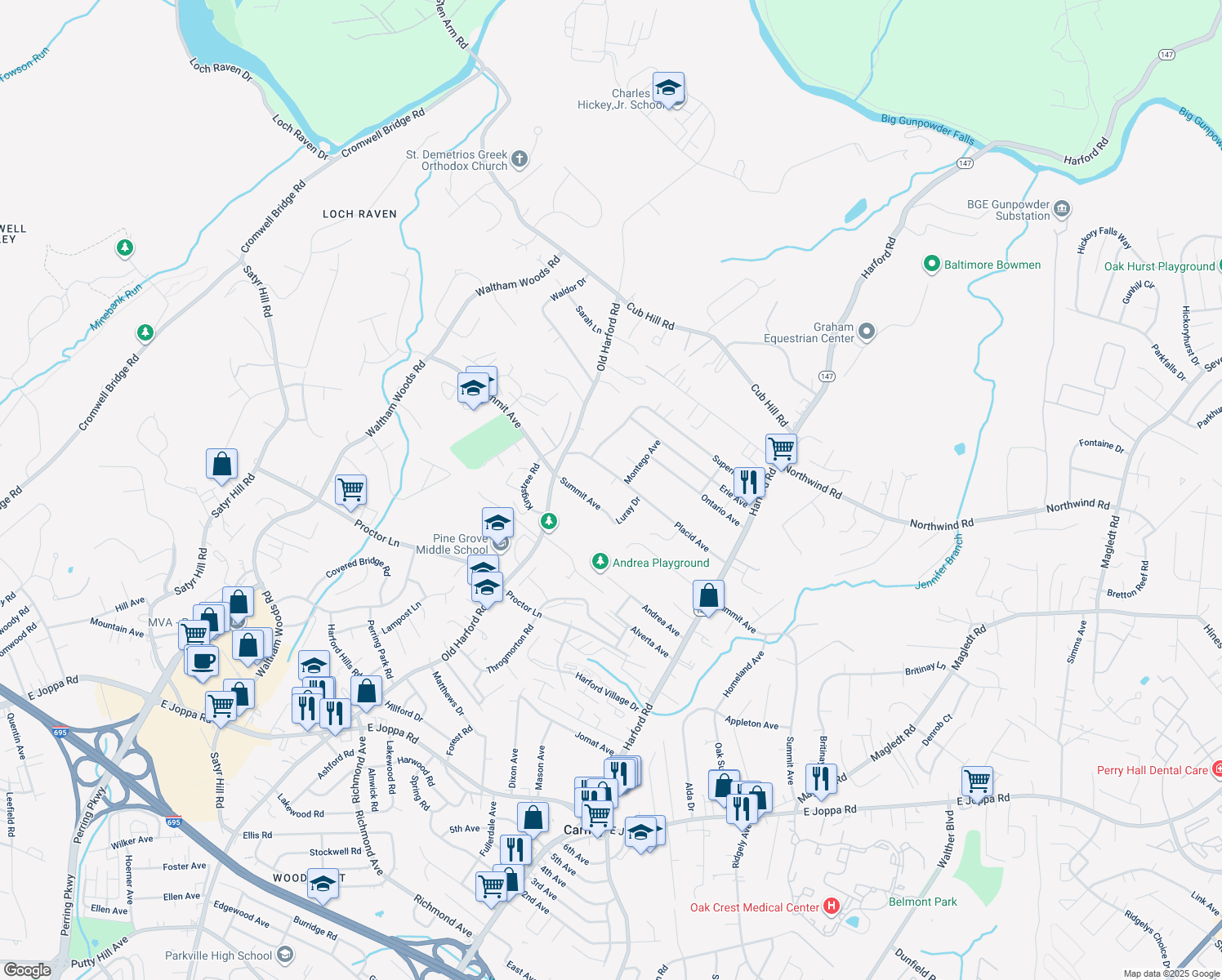 map of restaurants, bars, coffee shops, grocery stores, and more near 2717 Placid Avenue in Parkville