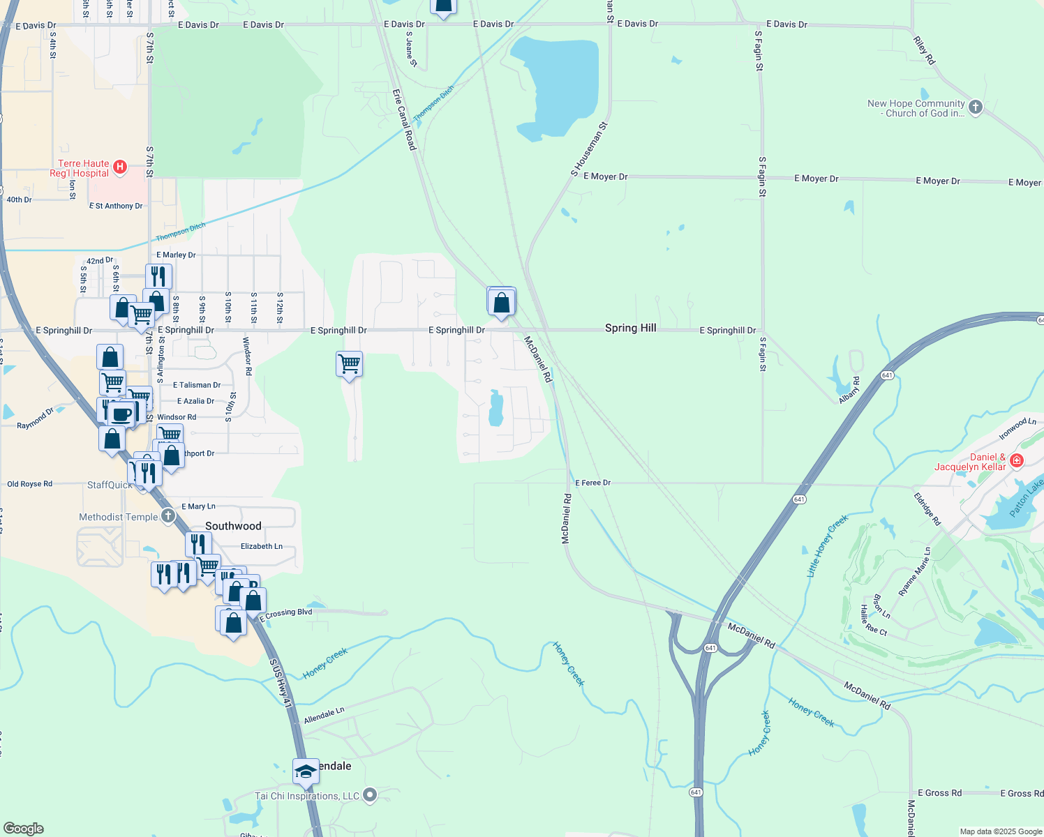 map of restaurants, bars, coffee shops, grocery stores, and more near Erie Dr in Terre Haute