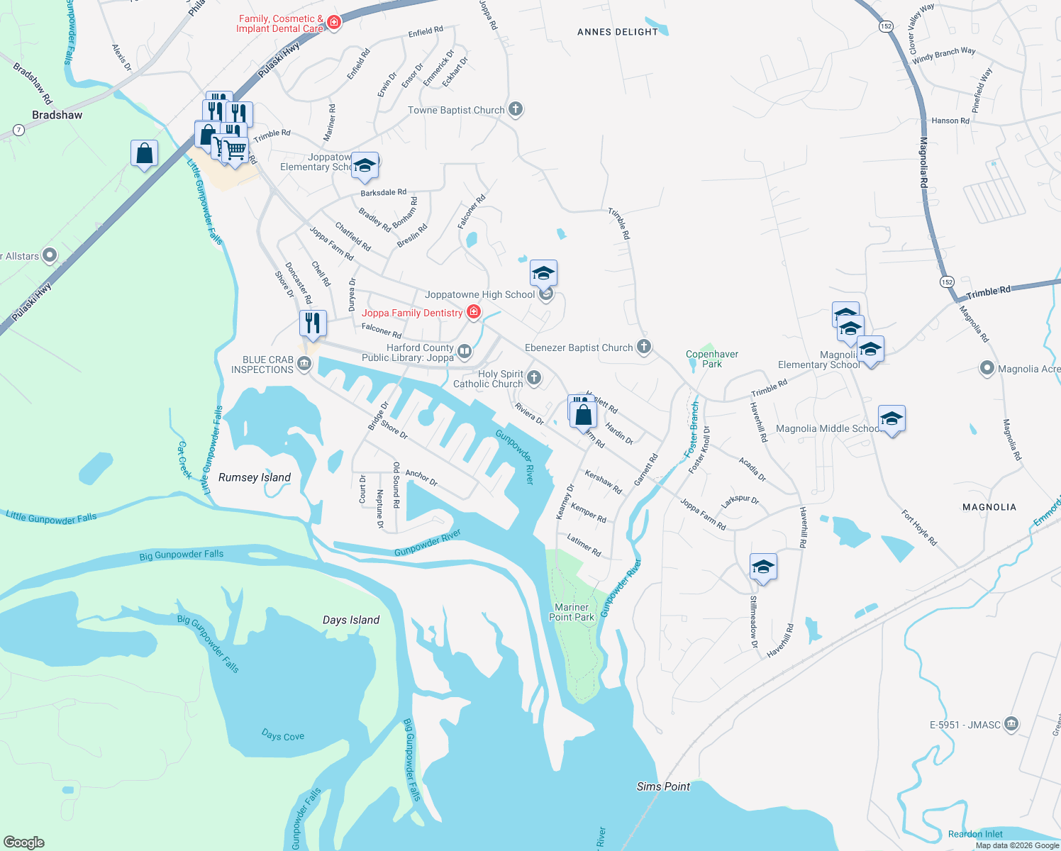 map of restaurants, bars, coffee shops, grocery stores, and more near 536 Riviera Drive in Harford County
