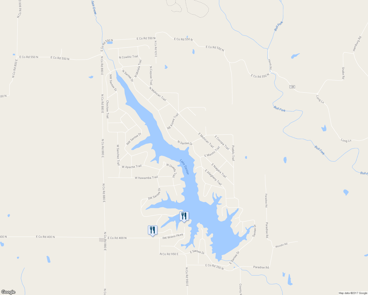 map of restaurants, bars, coffee shops, grocery stores, and more near 1340 North Santee Drive in Greensburg