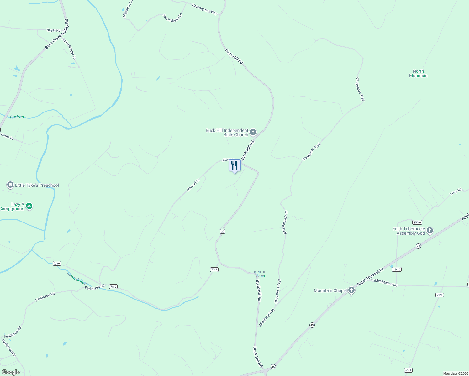 map of restaurants, bars, coffee shops, grocery stores, and more near 135 Basil Lane in Gerrardstown