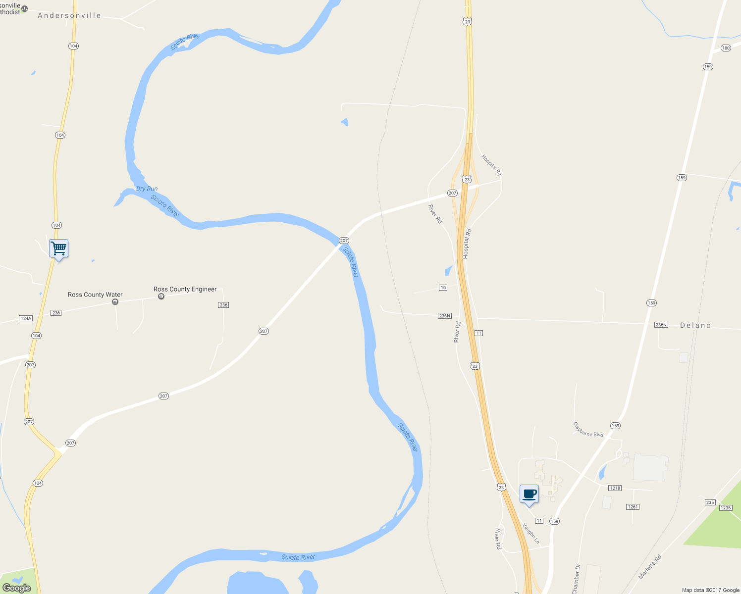 map of restaurants, bars, coffee shops, grocery stores, and more near 51 Delano Road in Chillicothe