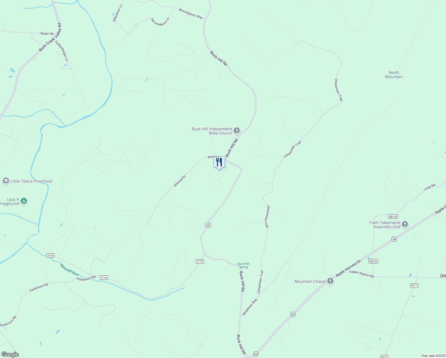 map of restaurants, bars, coffee shops, grocery stores, and more near 135 Basil Lane in Gerrardstown