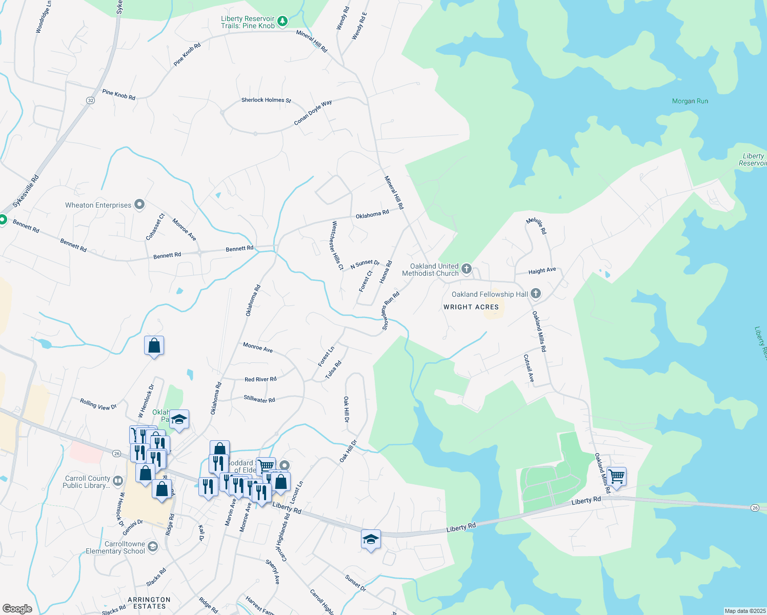 map of restaurants, bars, coffee shops, grocery stores, and more near Snowdens Run Road in Eldersburg