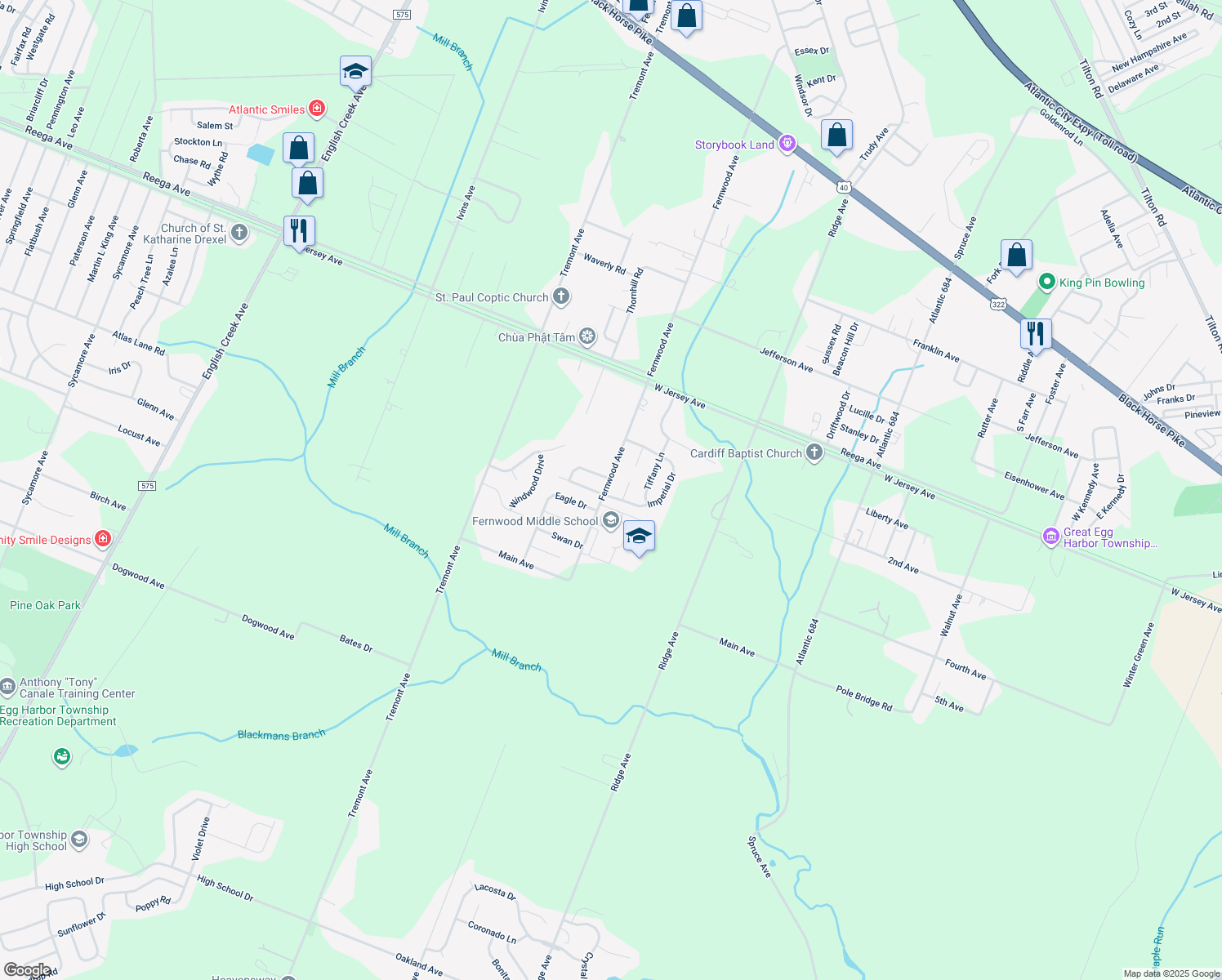 map of restaurants, bars, coffee shops, grocery stores, and more near 4030 Fernwood Avenue in Egg Harbor Township