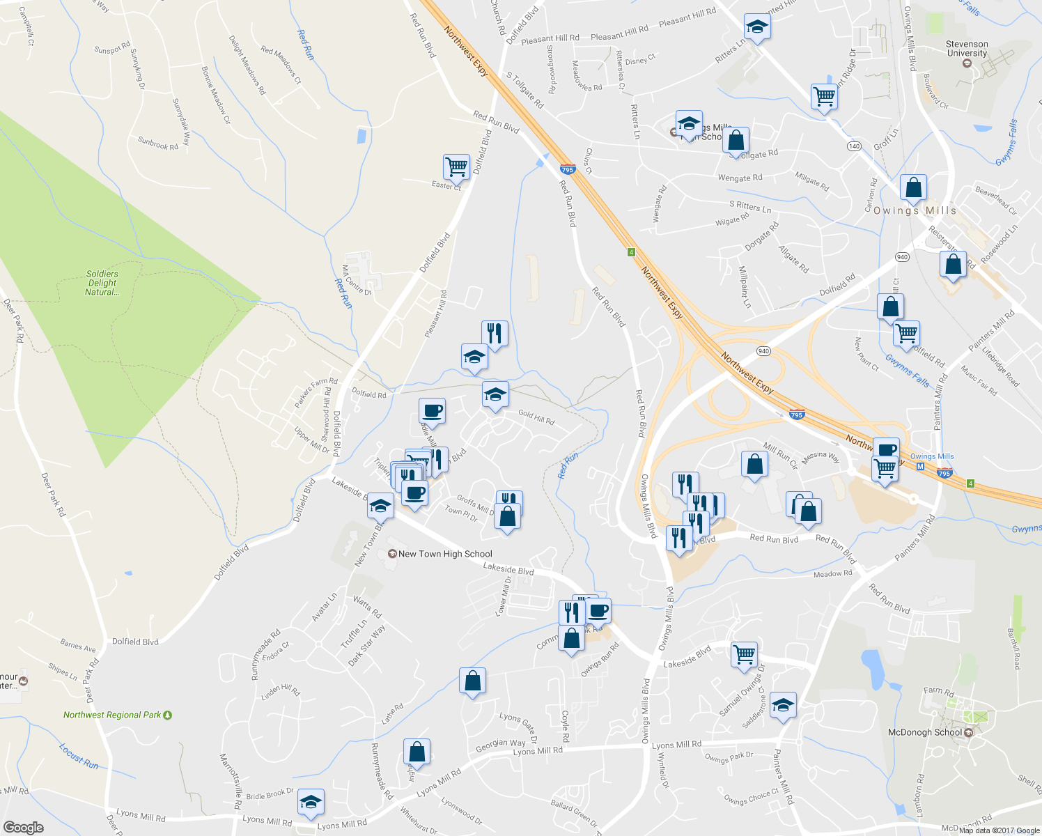 map of restaurants, bars, coffee shops, grocery stores, and more near 206 Toddson Lane in Owings Mills