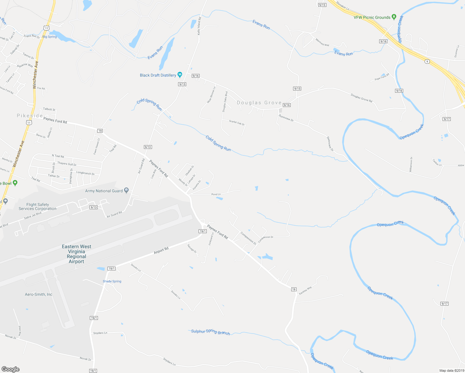 map of restaurants, bars, coffee shops, grocery stores, and more near 297 Pond Lane in Martinsburg