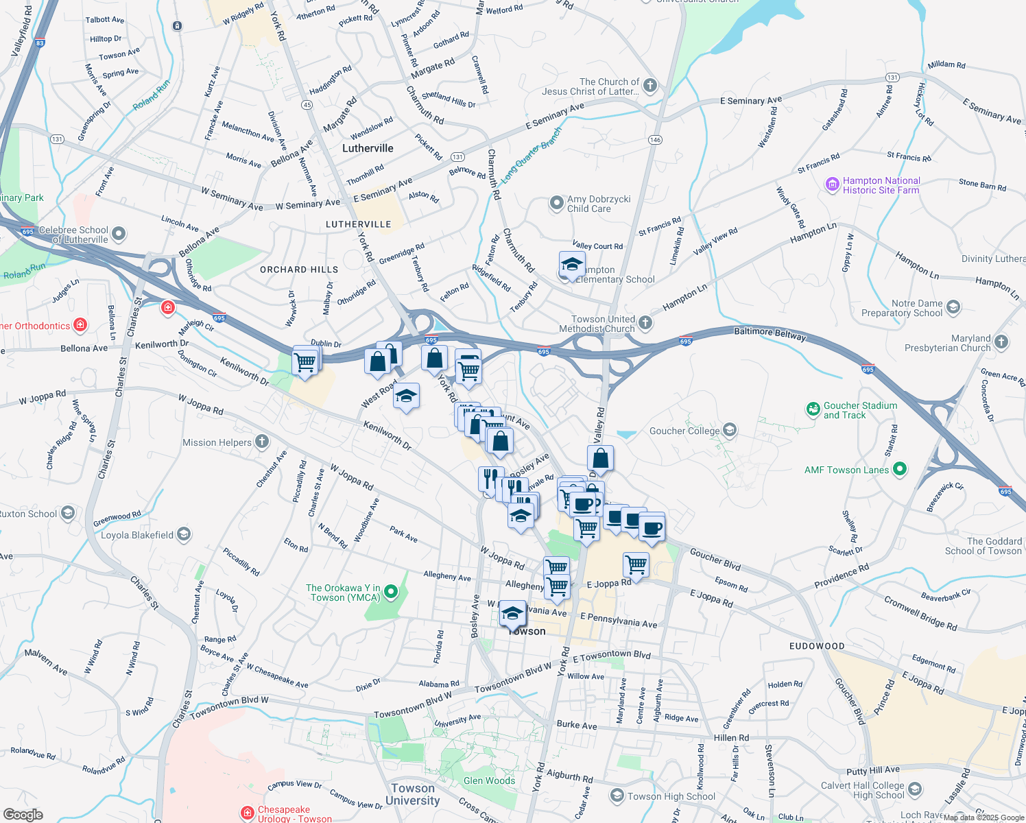 map of restaurants, bars, coffee shops, grocery stores, and more near 971 Fairmount Ave in Towson