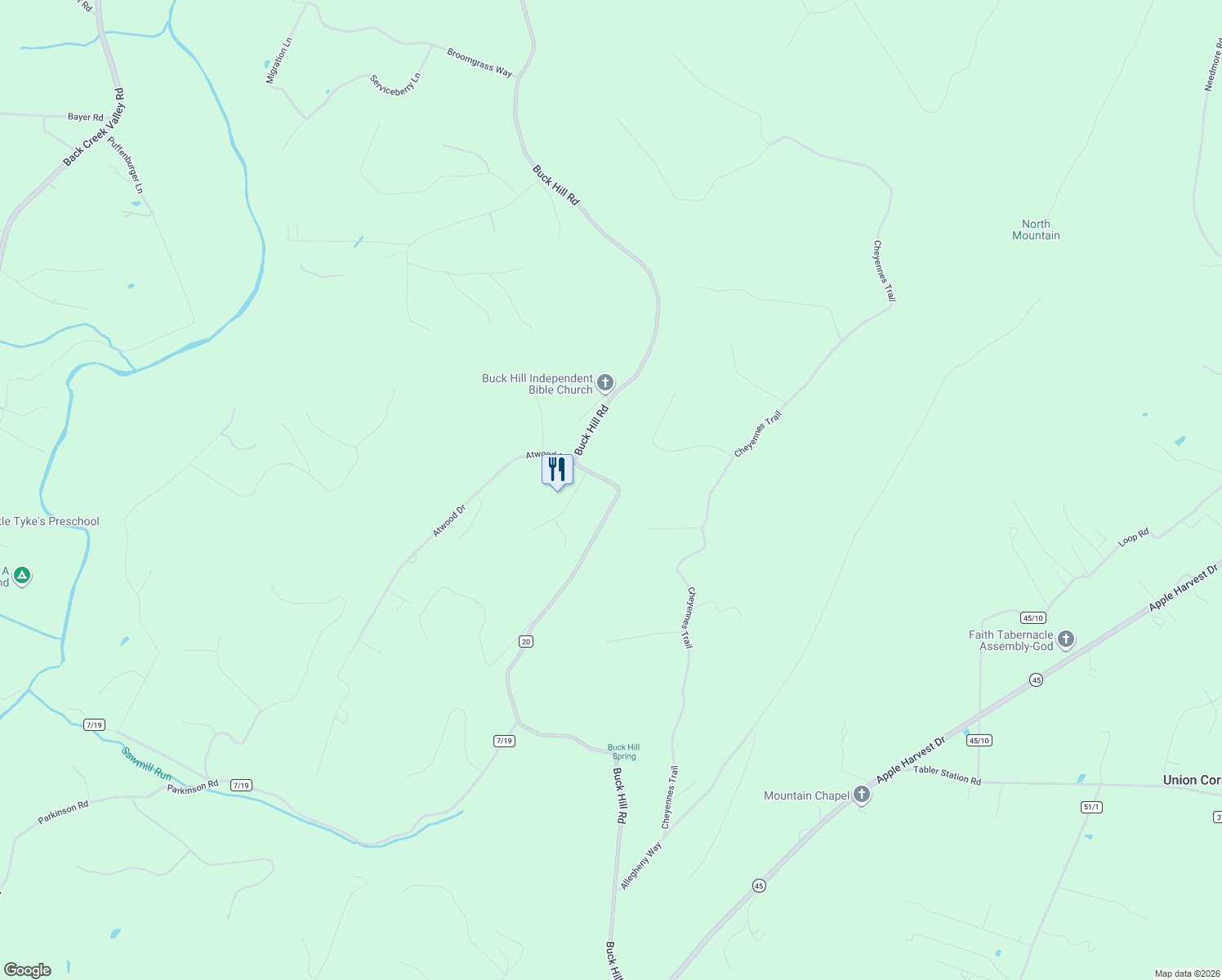 map of restaurants, bars, coffee shops, grocery stores, and more near 1798 Buck Hill Road in Gerrardstown