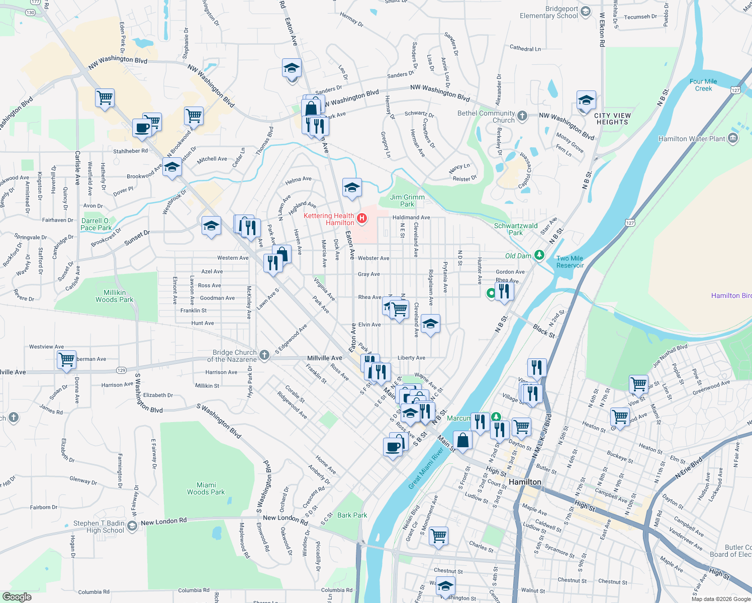 map of restaurants, bars, coffee shops, grocery stores, and more near 543 Rhea Ave in Hamilton