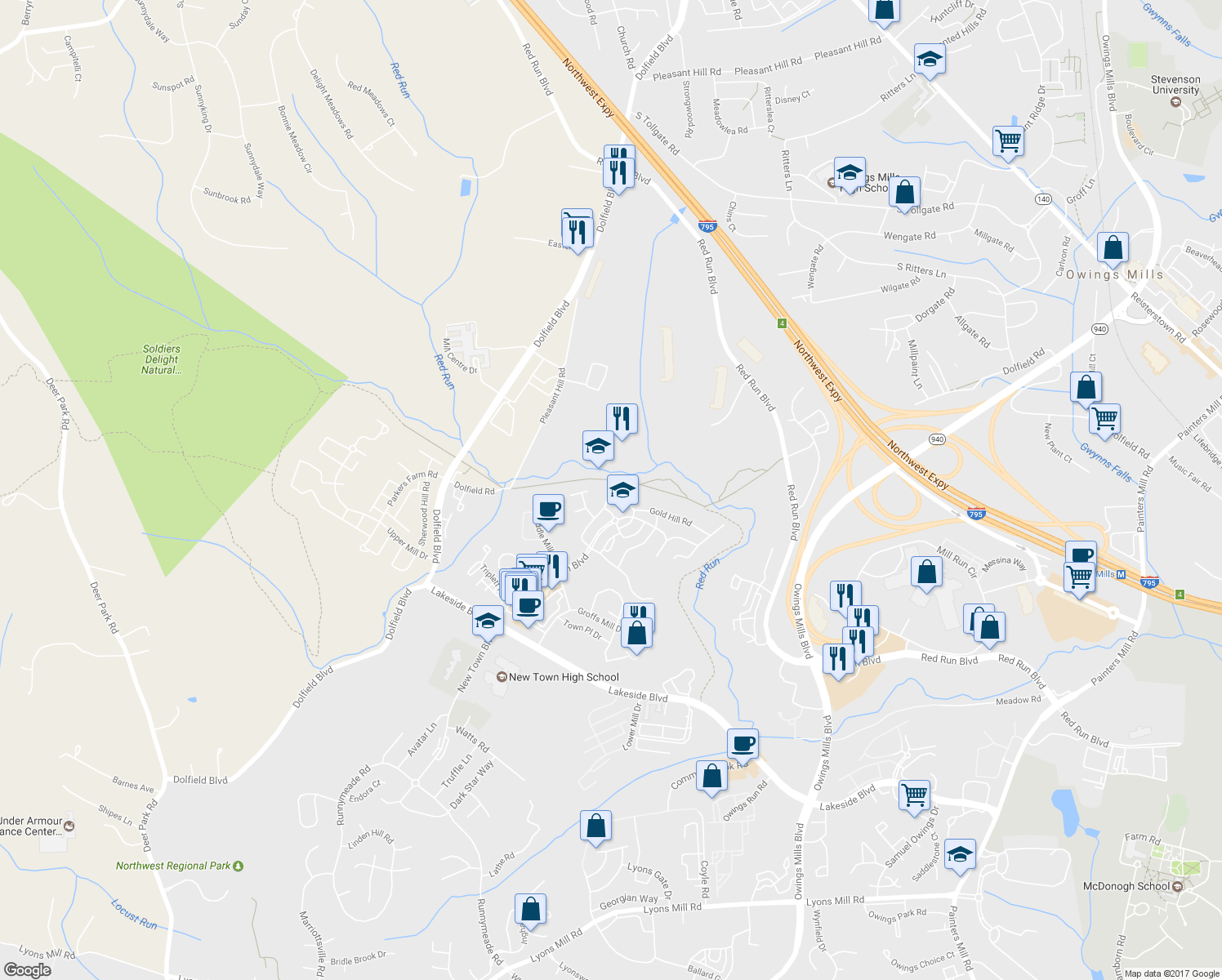 map of restaurants, bars, coffee shops, grocery stores, and more near 2032 Hunting Ridge Gold Hill Road in Owings Mills
