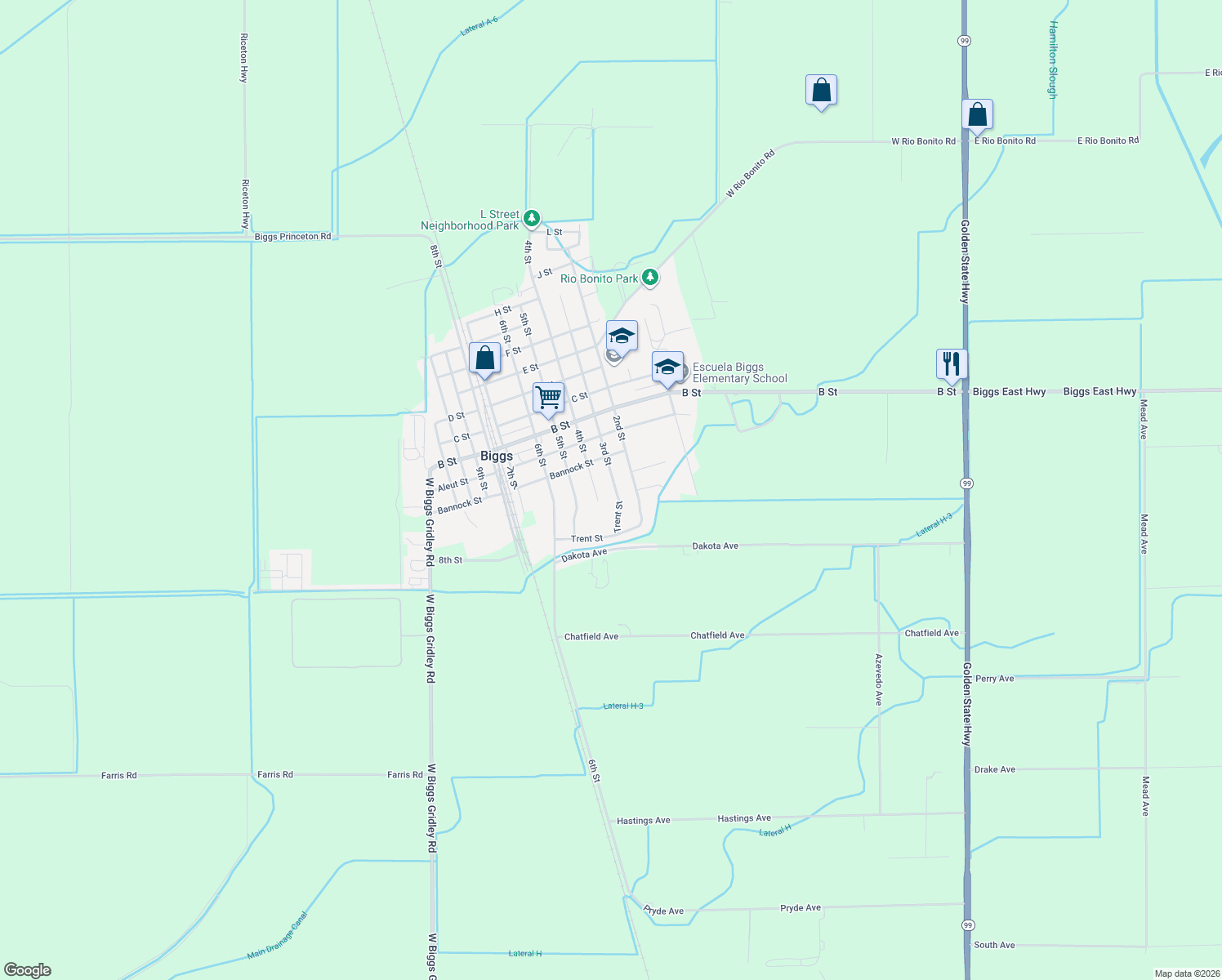 map of restaurants, bars, coffee shops, grocery stores, and more near 2913 3rd Street in Biggs