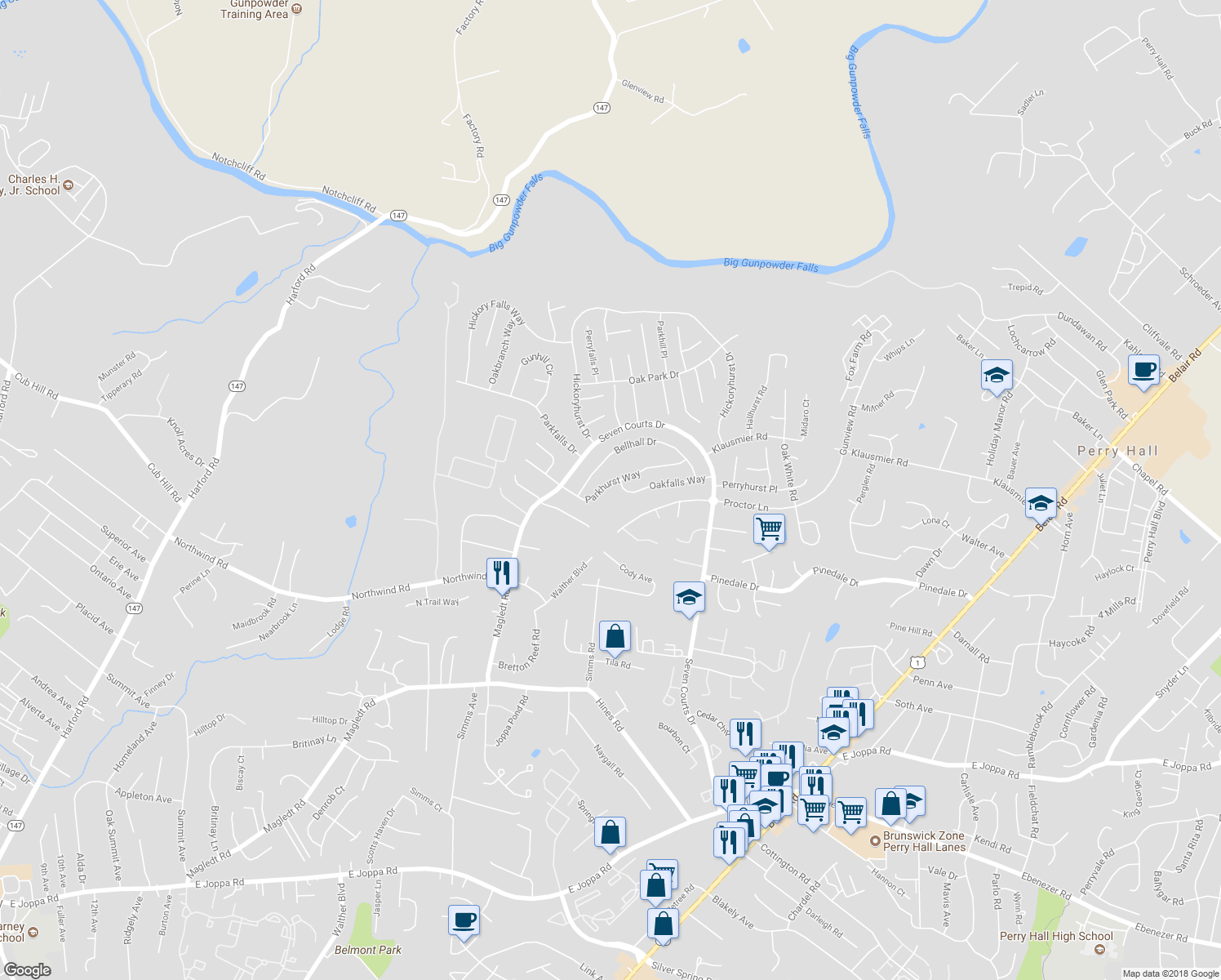 map of restaurants, bars, coffee shops, grocery stores, and more near 3625 Parkhurst Way in Perry Hall