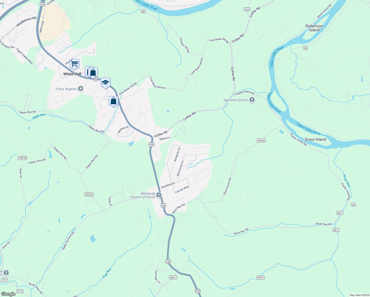 map of restaurants, bars, coffee shops, grocery stores, and more near 1431 Brierwood Lane in Fairmont