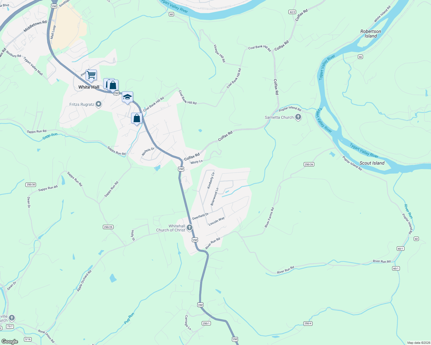 map of restaurants, bars, coffee shops, grocery stores, and more near 1431 Brierwood Lane in Fairmont