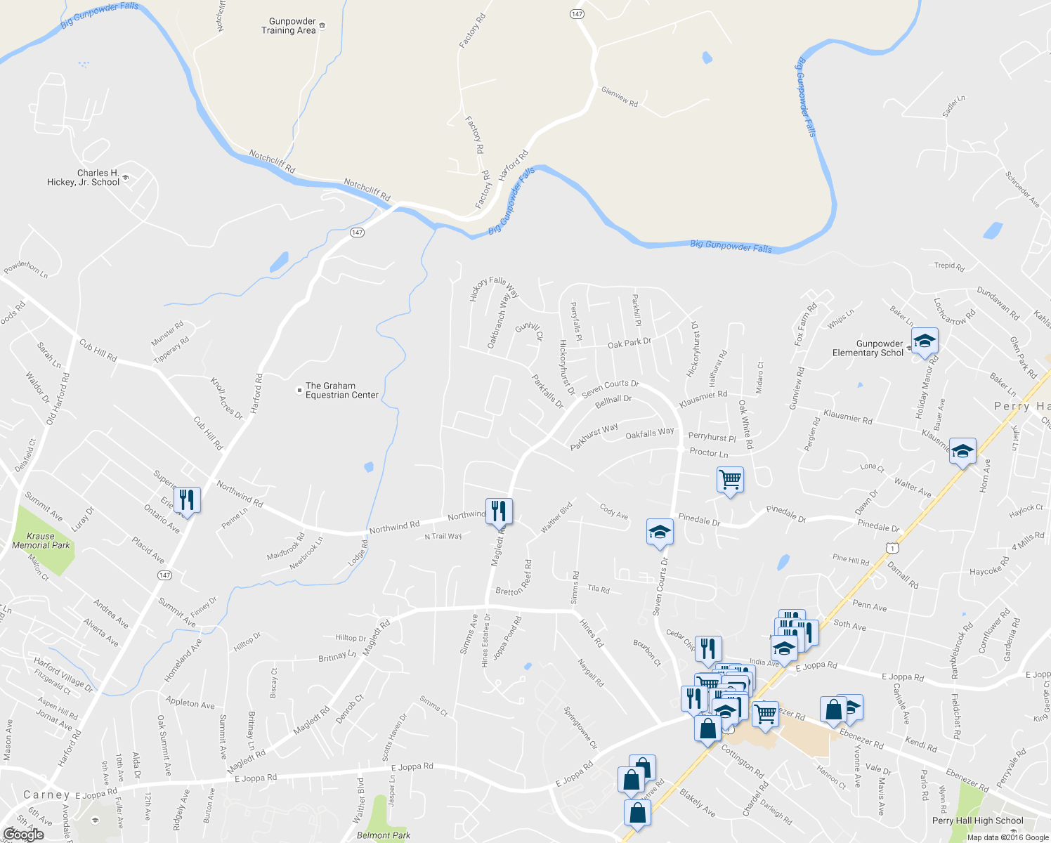 map of restaurants, bars, coffee shops, grocery stores, and more near 3512 Blue Coat Road in Nottingham