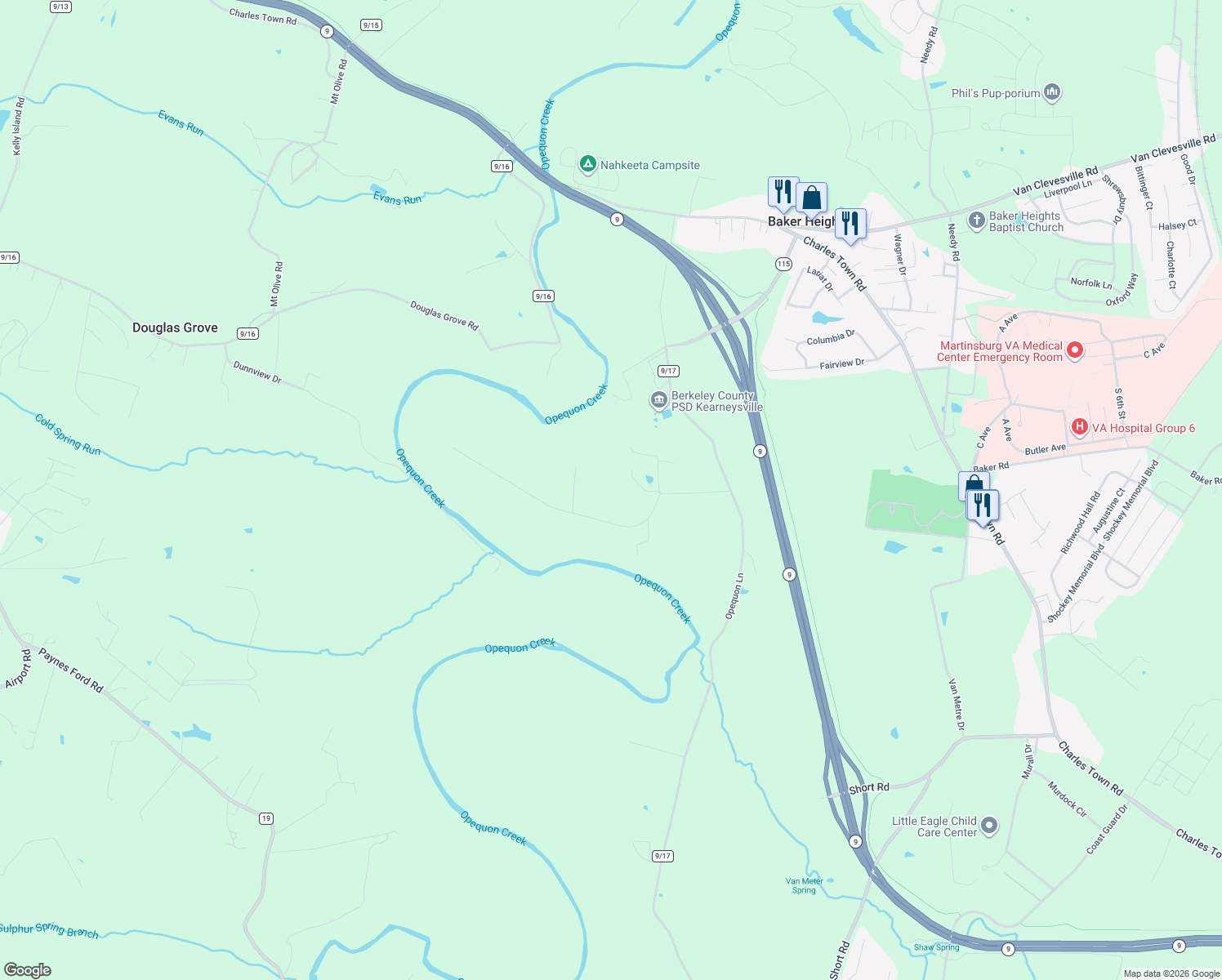 map of restaurants, bars, coffee shops, grocery stores, and more near 408 Abbie Lane in Kearneysville