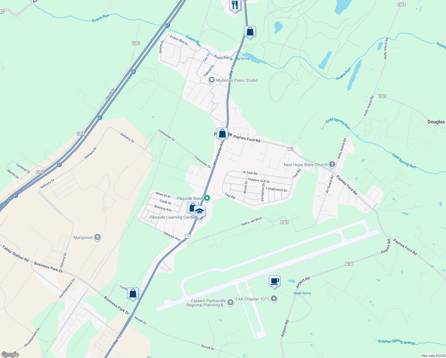 map of restaurants, bars, coffee shops, grocery stores, and more near 540 North Teal Road in Martinsburg