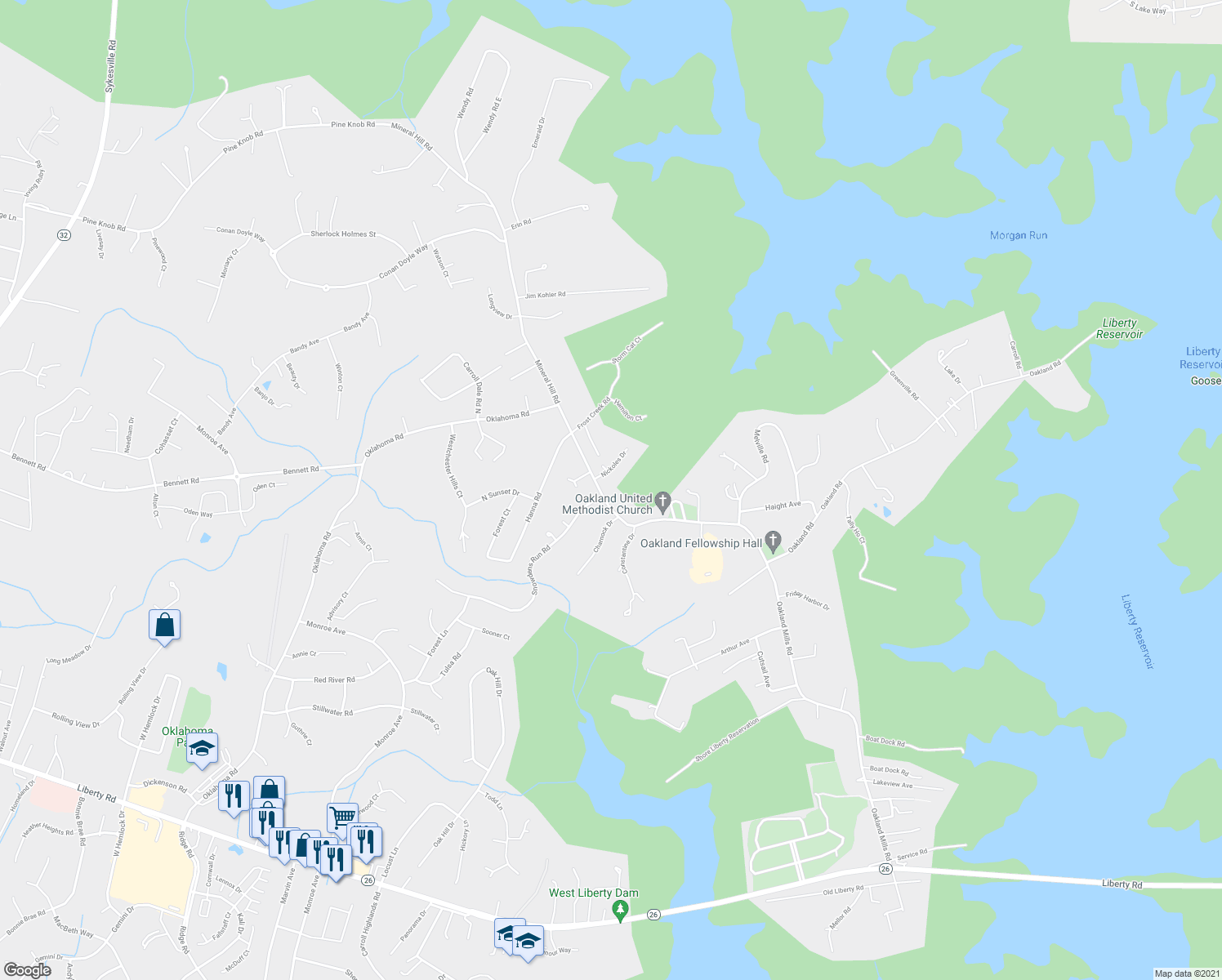 map of restaurants, bars, coffee shops, grocery stores, and more near 5847 Mineral Hill Road in Sykesville