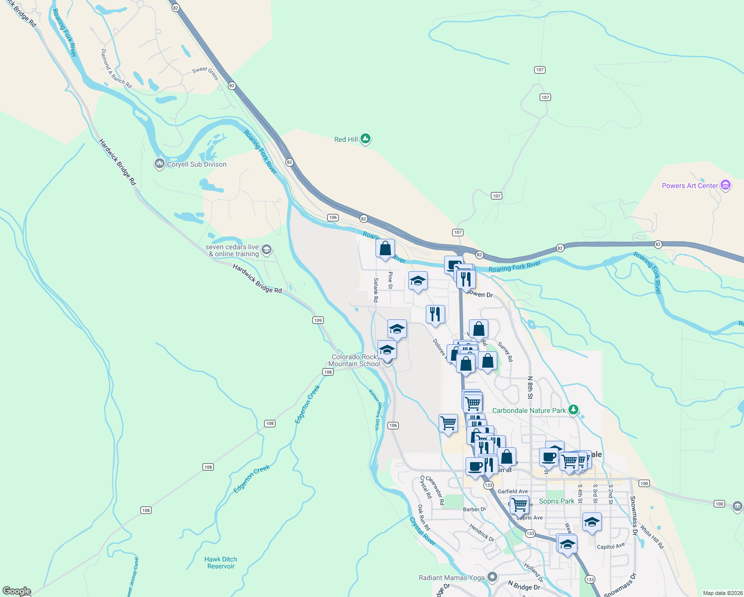 map of restaurants, bars, coffee shops, grocery stores, and more near 1227 County Road 106 in Carbondale