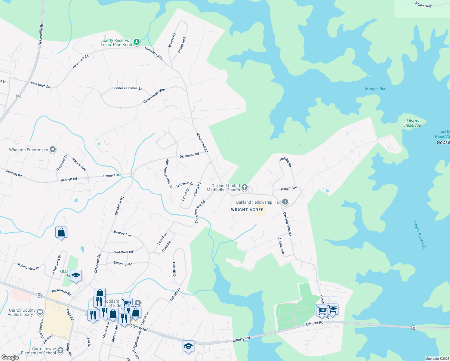 map of restaurants, bars, coffee shops, grocery stores, and more near 5847 Mineral Hill Road in Sykesville