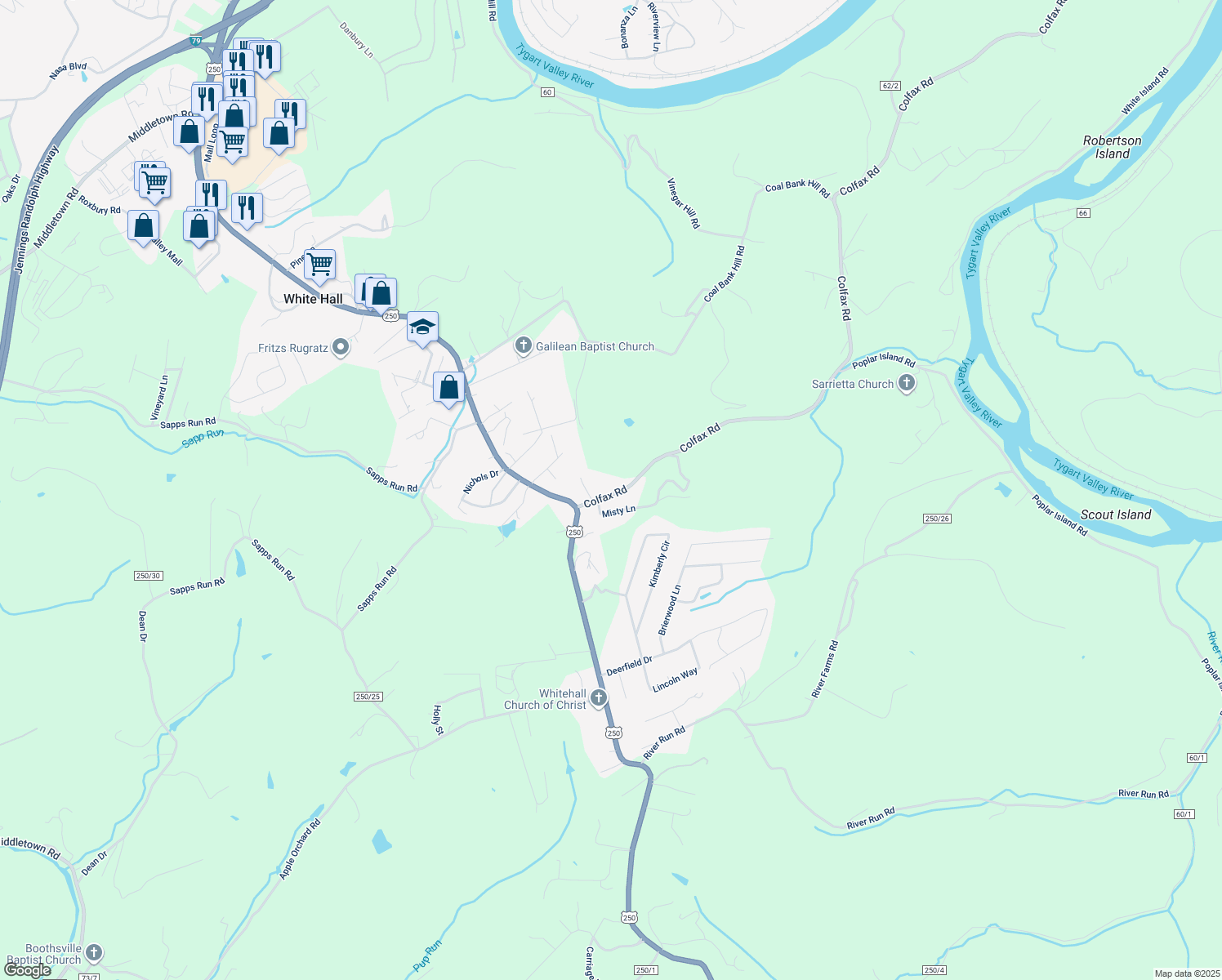 map of restaurants, bars, coffee shops, grocery stores, and more near 41 Colfax Rd in Fairmont