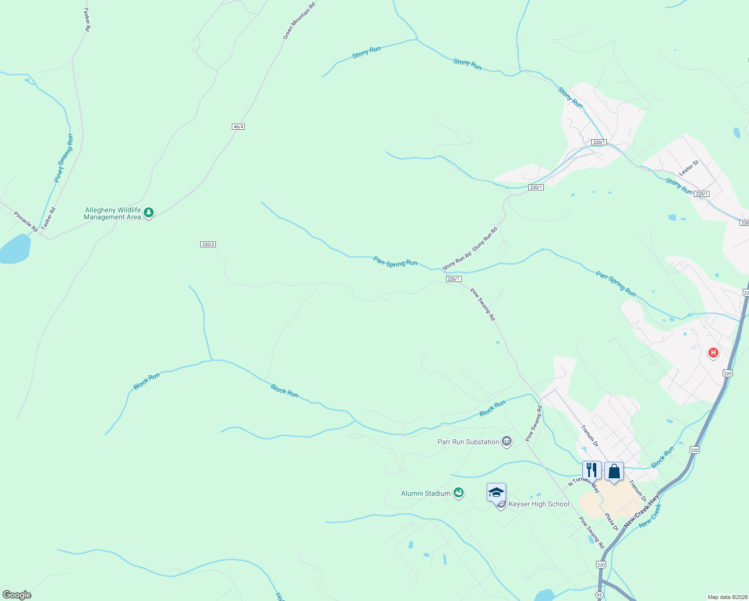 map of restaurants, bars, coffee shops, grocery stores, and more near Pine Swamp Road in Keyser