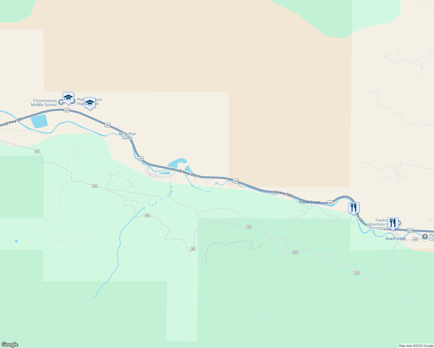 map of restaurants, bars, coffee shops, grocery stores, and more near 58415 US Highway 285 in Bailey