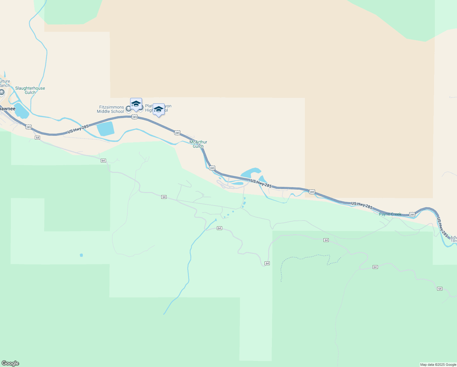 map of restaurants, bars, coffee shops, grocery stores, and more near 57920 US Highway 285 in Bailey