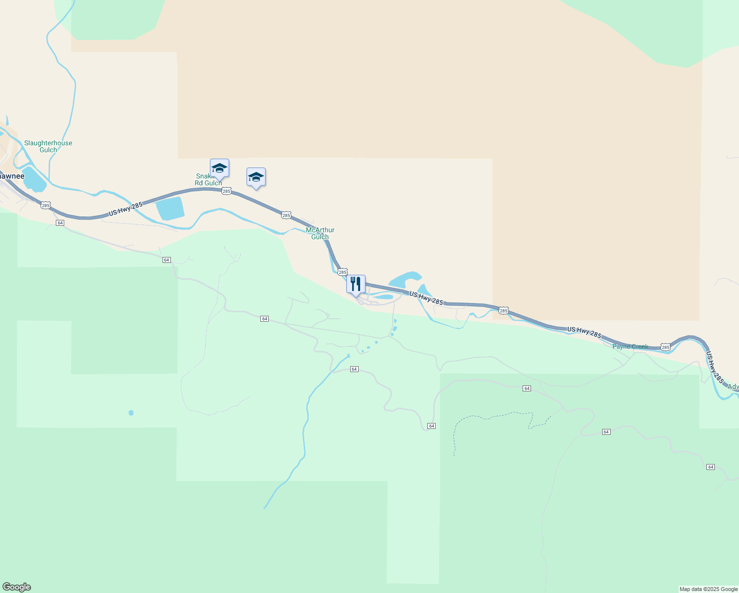 map of restaurants, bars, coffee shops, grocery stores, and more near 57920 US Highway 285 in Bailey
