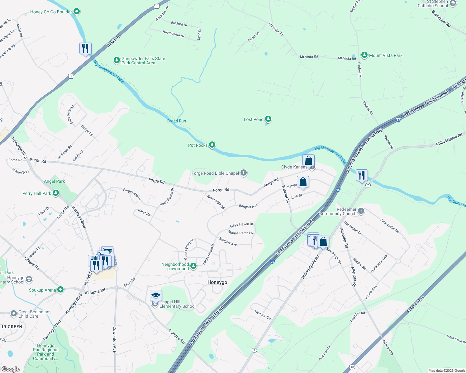 map of restaurants, bars, coffee shops, grocery stores, and more near 5034 Forge Road in Perry Hall