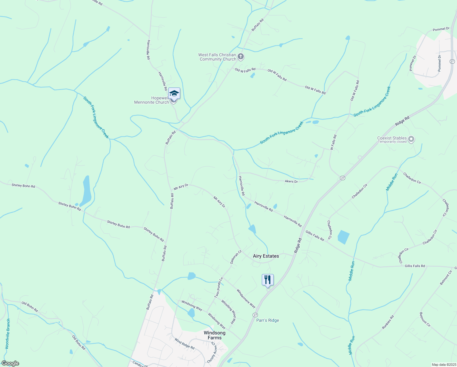 map of restaurants, bars, coffee shops, grocery stores, and more near 4005 Harrisville Road in Mount Airy