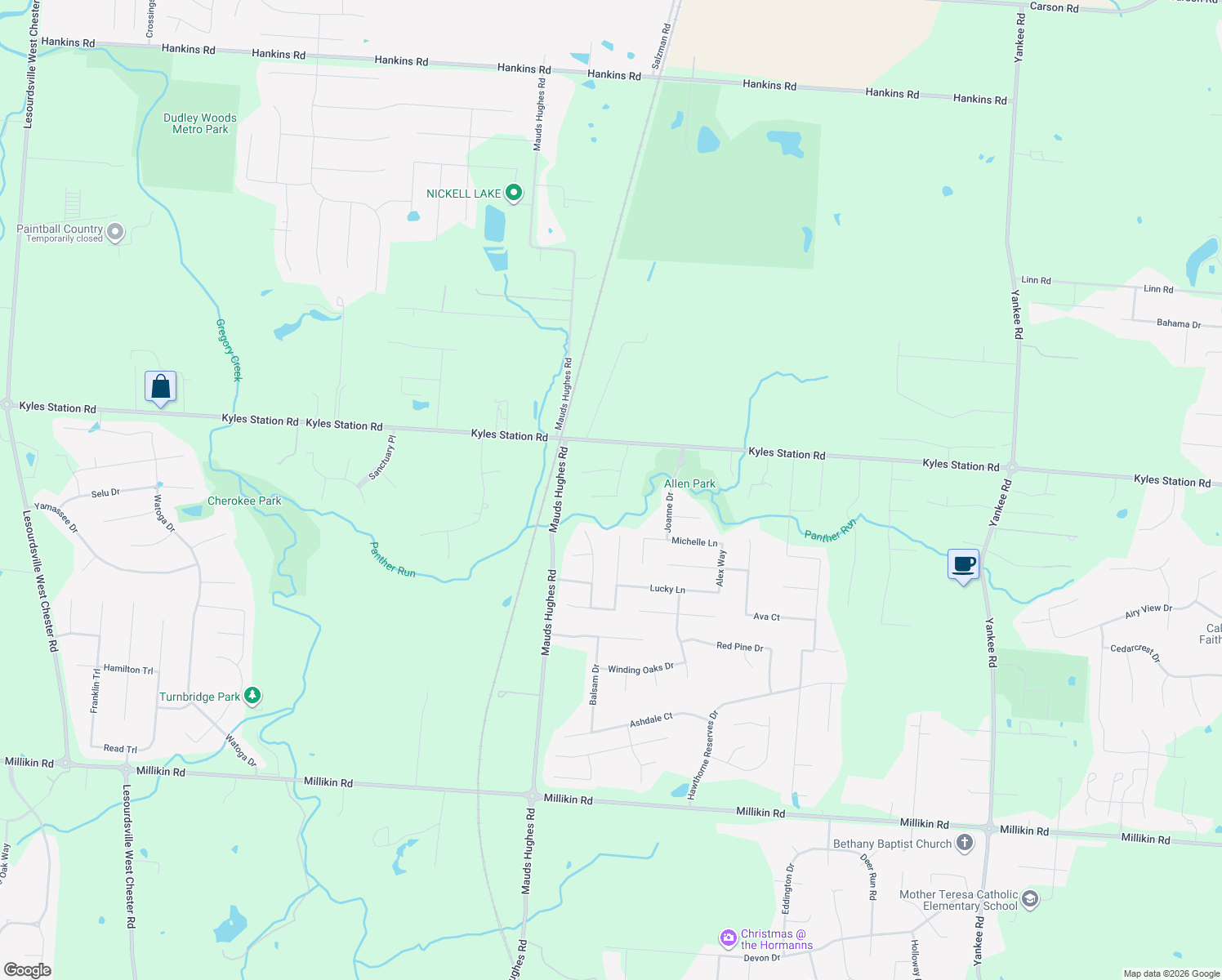 map of restaurants, bars, coffee shops, grocery stores, and more near 5519 Panther Run in Butler County