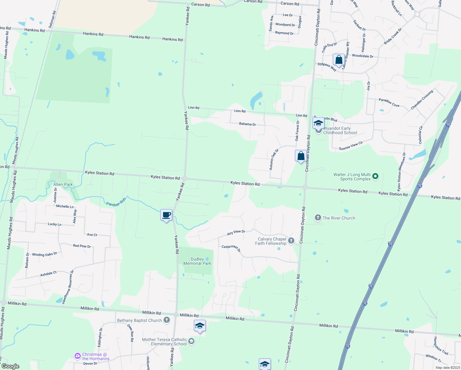 map of restaurants, bars, coffee shops, grocery stores, and more near 7249 Kyles Station Road in Butler County