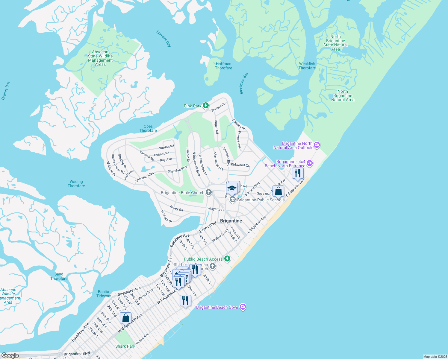 map of restaurants, bars, coffee shops, grocery stores, and more near 29 Heald Circle in Brigantine