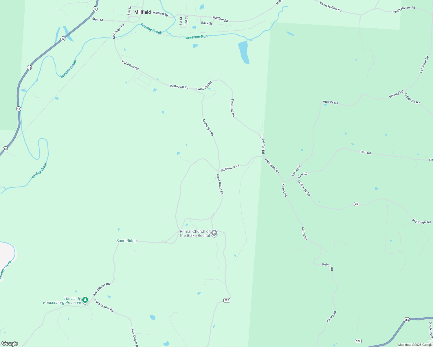 map of restaurants, bars, coffee shops, grocery stores, and more near 10672 Sand Ridge Road in Millfield