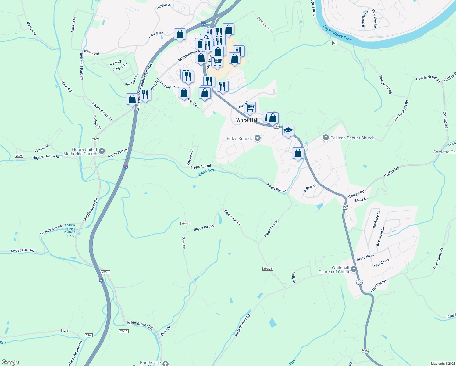 map of restaurants, bars, coffee shops, grocery stores, and more near 434 Sapps Run Road in Fairmont