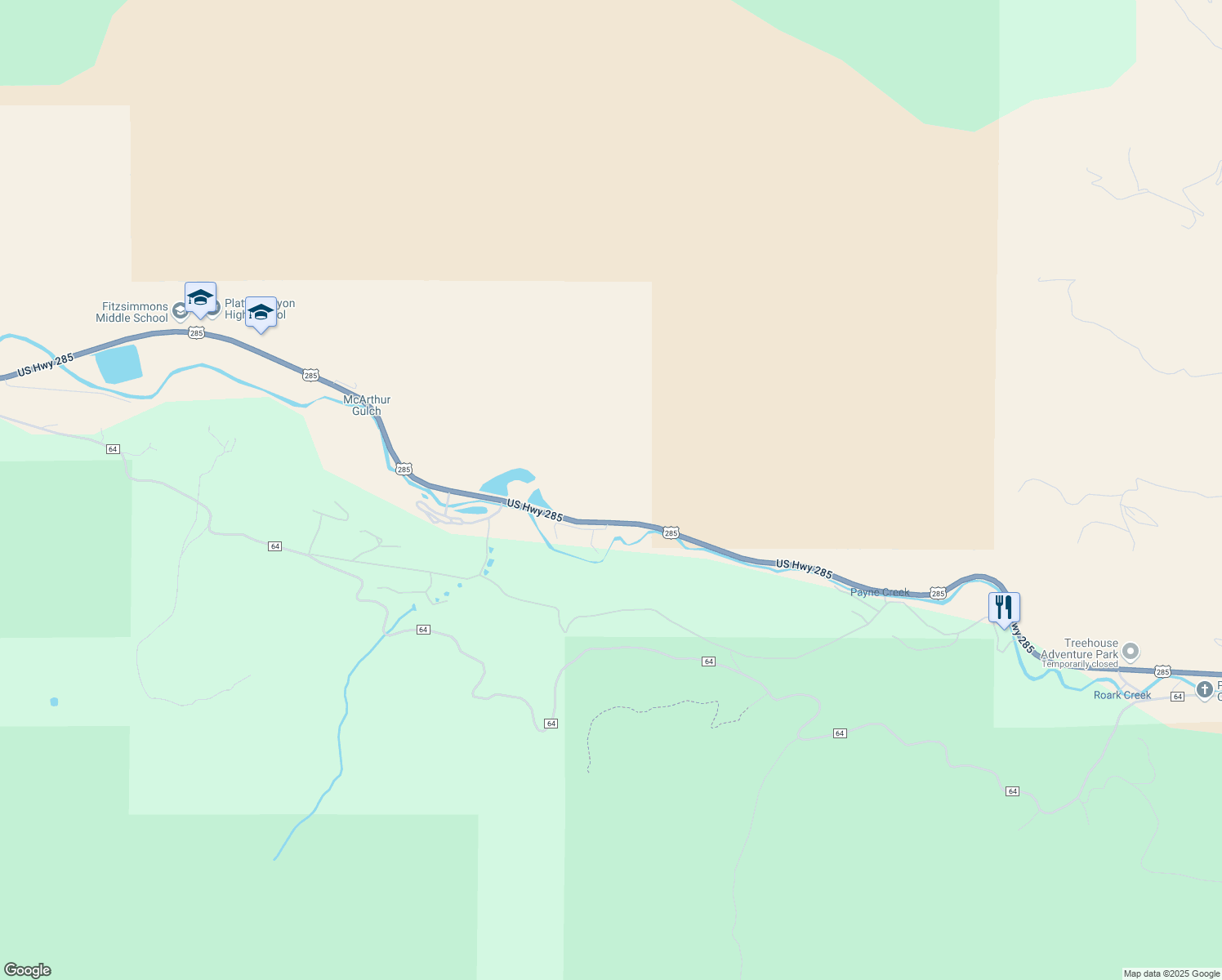 map of restaurants, bars, coffee shops, grocery stores, and more near 58415 U.S. 285 in Bailey
