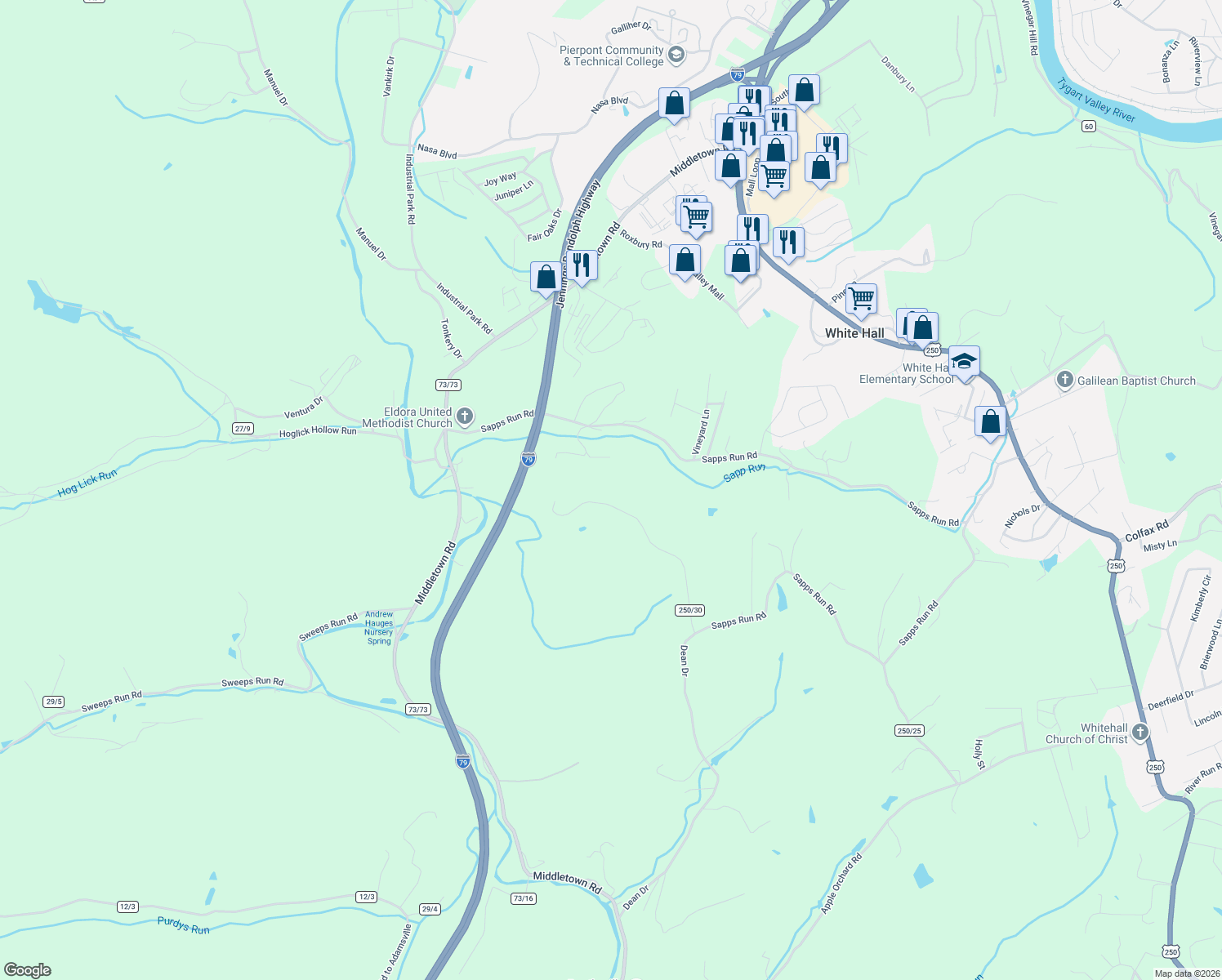map of restaurants, bars, coffee shops, grocery stores, and more near 1025 Fairfax Street in Fairmont