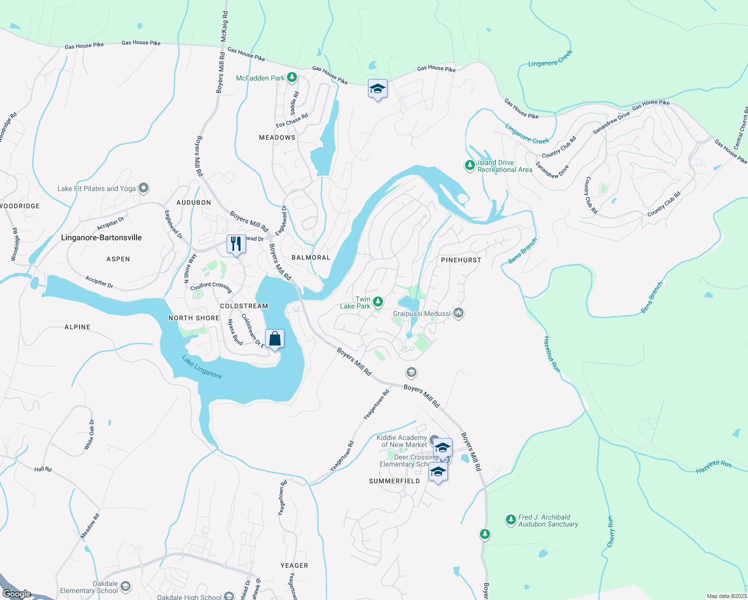 map of restaurants, bars, coffee shops, grocery stores, and more near 6532 Twin Lake Drive in New Market