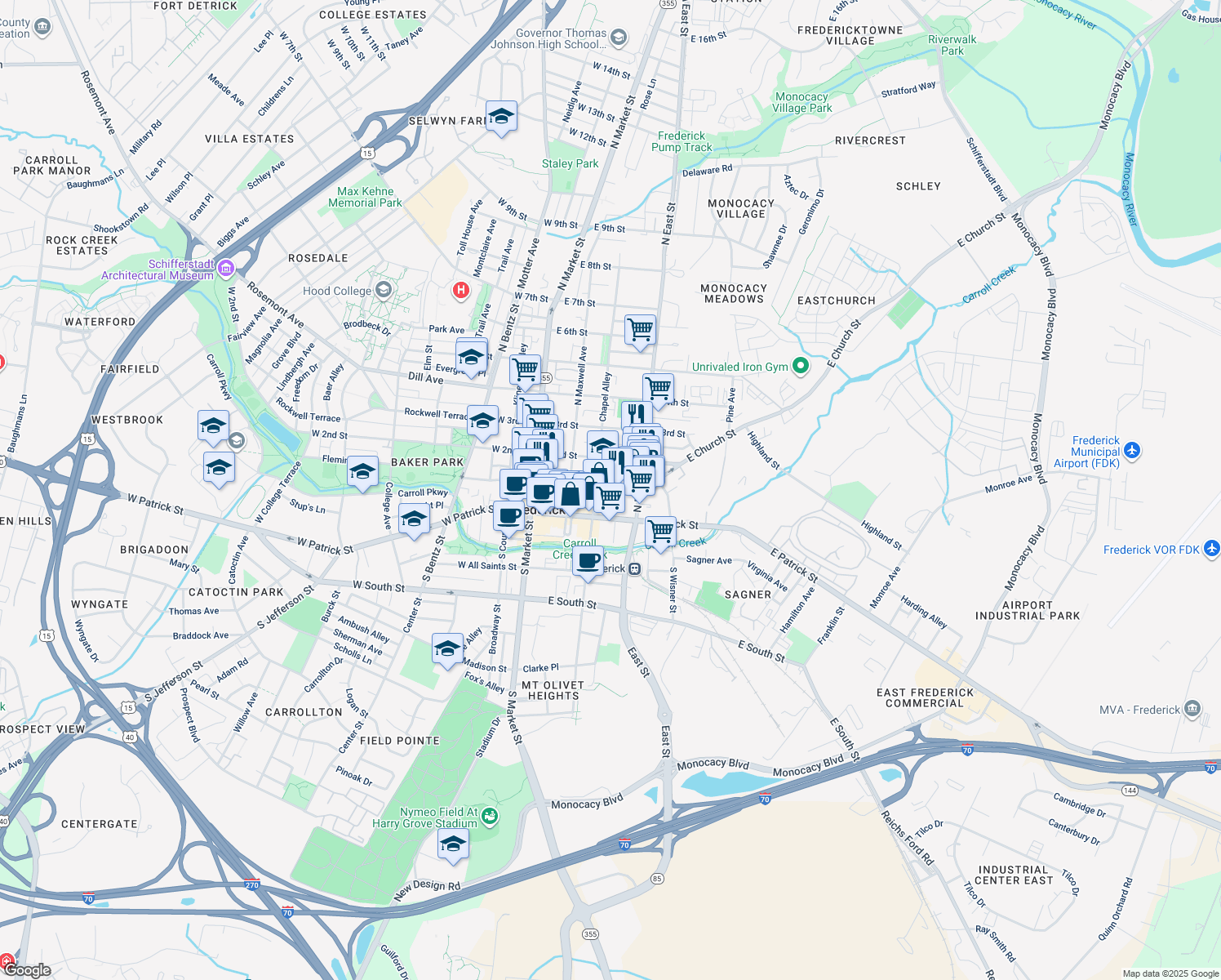 map of restaurants, bars, coffee shops, grocery stores, and more near 216 East Church Street in Frederick